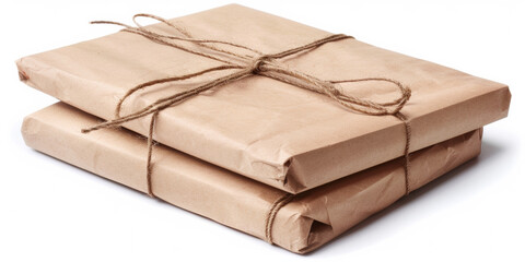 A magazine wrapped in brown kraft paper, product photography, isolated on white background