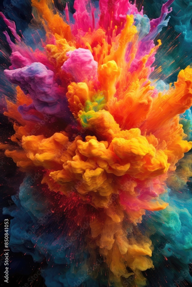 Aufkleber explosive color burst in orange, pink, and blue. vertical image of exploding motion of multicolored 