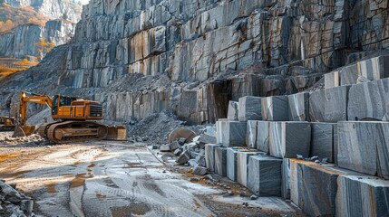 Granite Quarry with Heavy Excavator in Action