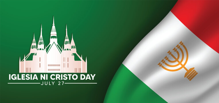 Iglesia ni Cristo Day 27 july waving flag ribbon with church vector poster