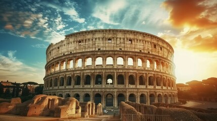 Naklejka premium Roman coliseum panoramic view on a beautiful sunset