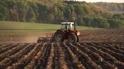 Fototapeta premium Tractor Plowing Field at Sunrise