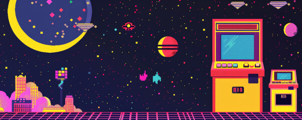 A 1980s arcade game theme with pixelated graphics and bright colors.