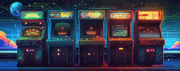 A 1980s arcade game theme with pixelated graphics and bright colors.