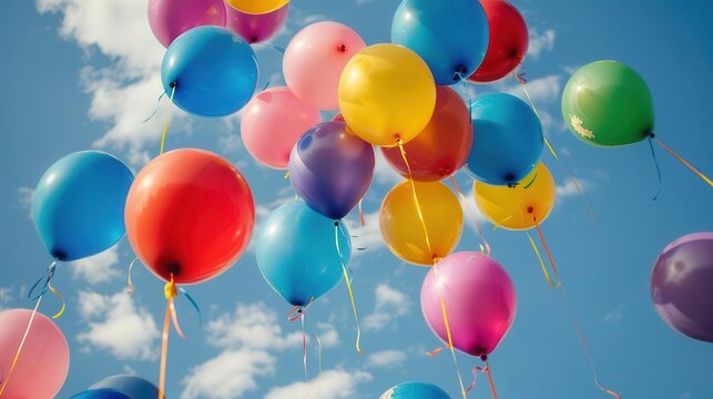 colorful helium balloons floating against blue sky joyful celebration background