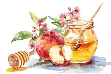 Hand-drawn Watercolor Jewish New Year Greeting Card with Rosh Hashanah Symbols