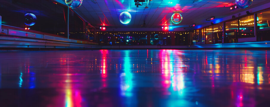 A 1980s roller rink with colorful lights and disco ball reflections.