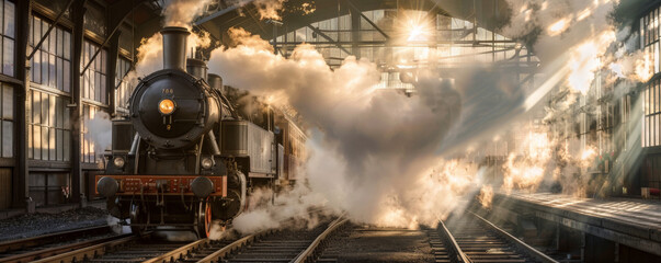 A 19th-century steam engine train station with smoke and iron tracks.
