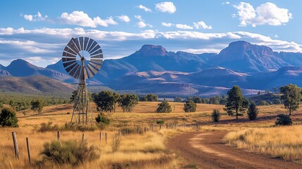Golden light bathes a picturesque landscape, highlighting a classic windmill amid the rugged Australian outback.