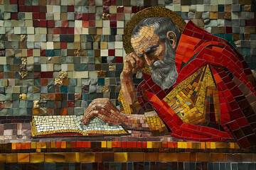 A mosaic artwork depicting Saint Augustine of Hippo, created using small pieces of colored glass, stone, or other materials arranged