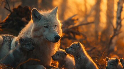 In a mystical forest aglow with golden sunlight, a majestic white wolf tenderly watches over her playful cubs