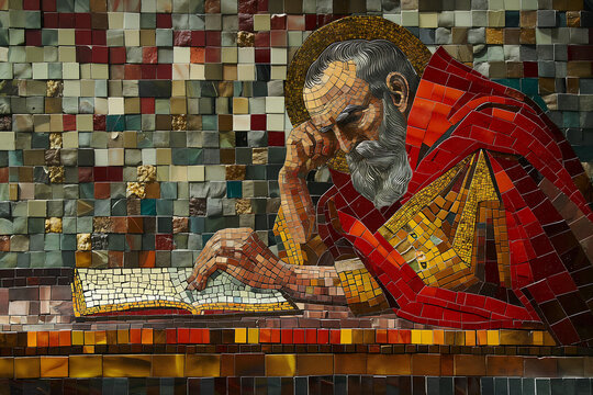 A mosaic artwork depicting Saint Augustine of Hippo, created using small pieces of colored glass, stone, or other materials arranged
