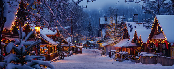 Fototapeta premium A charming holiday village with decorated houses, festive lights, and a snow-covered landscape.