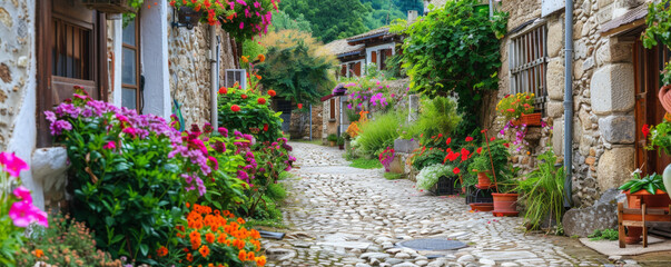 A charming village garden in full bloom, with a cobblestone path and colorful flowers.
