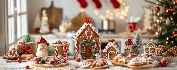 Fototapeta premium A Christmas baking scene with cookies, gingerbread houses, and festive decorations.