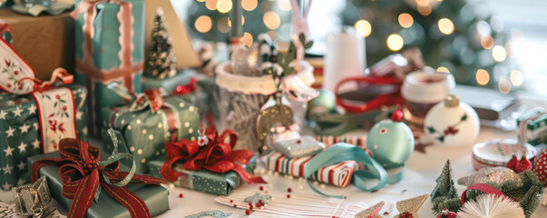 A Christmas craft table with handmade ornaments, ribbons, and festive supplies.