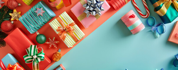 A Christmas gift wrapping station with colorful paper, ribbons, and bows.