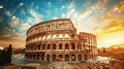 Naklejka premium Roman coliseum panoramic view on a beautiful sunset in high resolution
