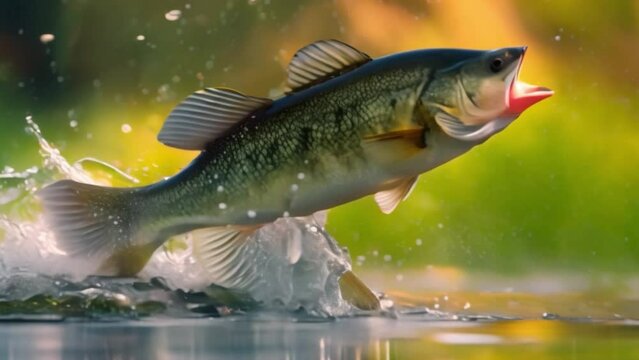This largemouth bass leaps from the water, its mouth agape. Fishing