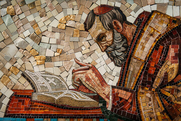A mosaic artwork depicting Saint Augustine of Hippo, created using small pieces of colored glass, stone, or other materials arranged