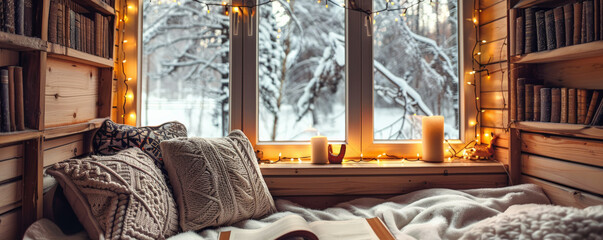 A cozy reading nook with holiday decorations, a snowy window view, and warm, soft lighting.