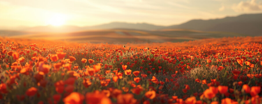 A field of blooming poppies under a bright, cloudless sky.