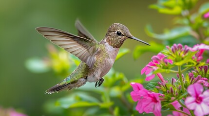 Obraz premium A focused hummingbird mid-flight, approaching a blooming flower, with its wings a blur of motion and vibrant colors all around.