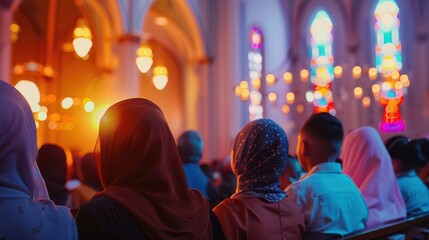 Fototapeta premium congregation sharing peace during church service spiritual practices bokeh photography