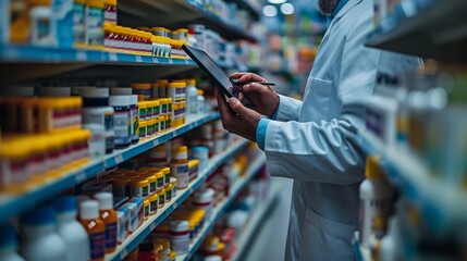 Obraz premium A pharmacist in a white coat uses a digital tablet to check inventory, surrounded by colorful shelves of medication, ensuring accuracy and efficiency.