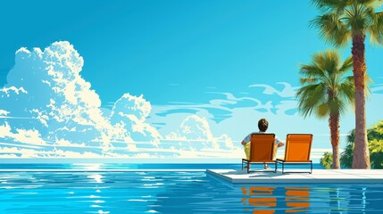 A tranquil scene of relaxation under a bright, tropical sun, with a man lounging poolside beside palm trees and a sprawling ocean.