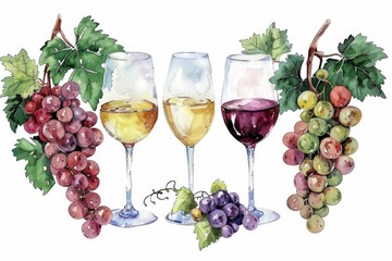 Fototapeta premium Hand-drawn Watercolor Wine Set with Glass and Bottle. Grapevine Illustration for Celebrations and Romantic Evenings