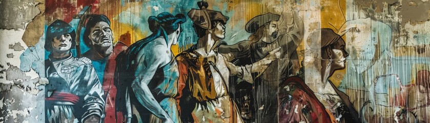 Naklejka premium Street mural with diverse figures showcasing vibrant and expressive art on a rustic urban wall. Bold colors and various character portraits.