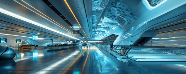 A futuristic airport with autonomous check-in systems and digital flight information.