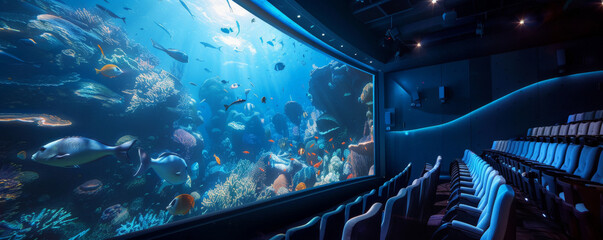 A futuristic cinema with immersive holographic screens and advanced sound systems.