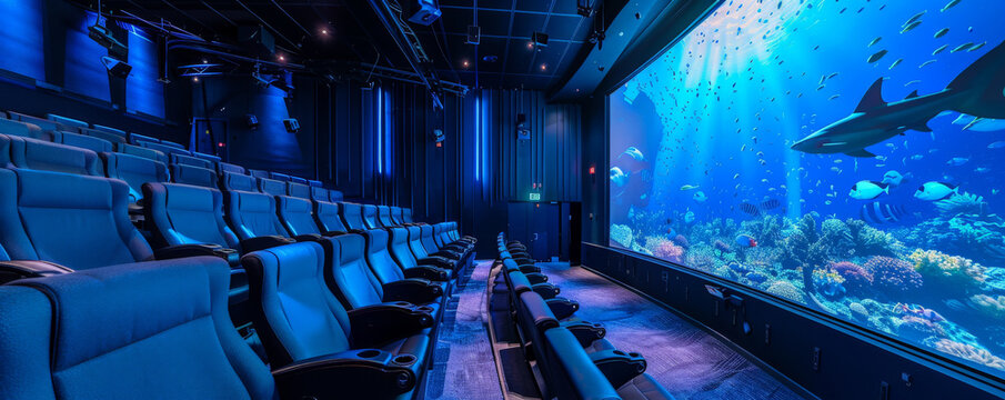 A futuristic cinema with immersive holographic screens and advanced sound systems.