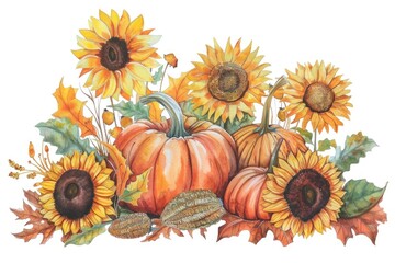 Harvest Hues: Festive Pumpkin, Sunflower, and Berry Watercolor Arrangement