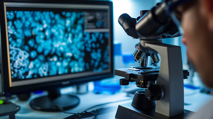 Research Scientist Using Microscope with Advanced Digital Screen Analysis in Laboratory