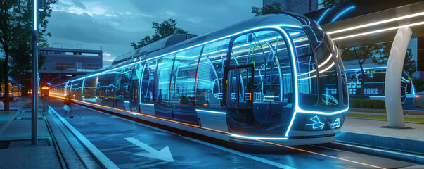 A futuristic public transportation system with autonomous buses and digital stops.