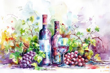 Harvest Celebration: Watercolor Wine Bottles with Grapevine Leaves and Berry Illustration