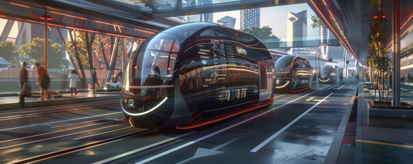 A futuristic public transportation system with autonomous buses and digital stops.
