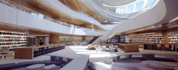 A high-tech library with digital book retrieval systems and interactive learning tools.