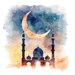 Islamic Festival Greeting Card with Mosque, Crescent Moon and Watercolor Illustration