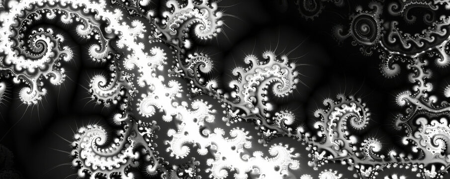 A high-contrast black and white fractal pattern with intricate detail.