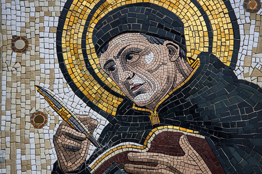 mosaic depicting Saint Thomas Aquinas in his Dominican habit, holding a book and quill pen.
