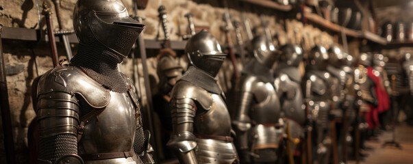 A medieval knight's armory with suits of armor and weapons.