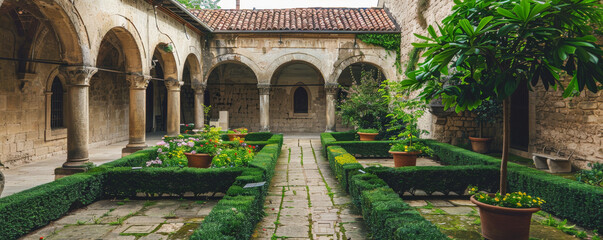 A medieval monastery with stone cloisters and lush gardens.