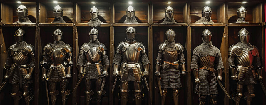 A medieval knight's armory with suits of armor and weapons.