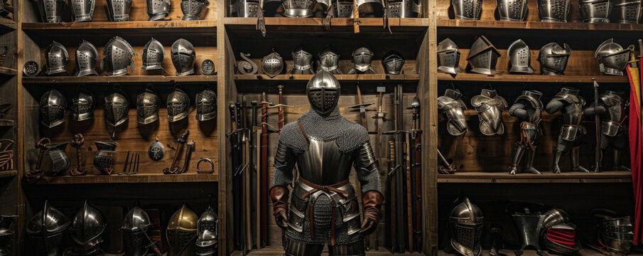 A medieval knight's armory with suits of armor and weapons.