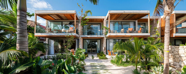 Fototapeta premium A modern beach resort with eco-friendly design and digital amenities.