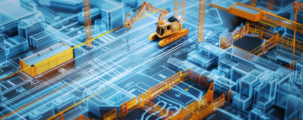 A modern construction site with advanced robotics and digital blueprints.